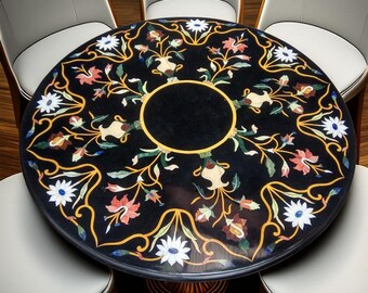 Black Marble Inlay Dining Table | Handmade Pietra Dura Floral Table Top| Luxury Round Stone Table | Artistic Marble Furniture | Custom Table