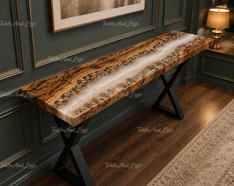 Live Edge Olive Wood Pebble River Console Table Top, Handmade Epoxy Entryway Sofa Table