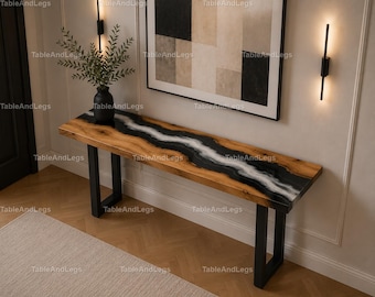 Luxury Black Epoxy River Console Table Top, Live Edge Wood Entryway Tabletop, Handmade Modern Resin Sofa Table Top River Console Table Top,