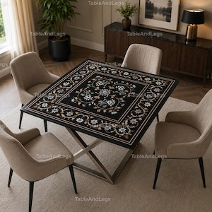 Luxury Black Marble Inlay Dining Table Top | Handmade Pietra Dura Floral Square Table | Marble Table Black Marble Pietra Dura Dining Table |