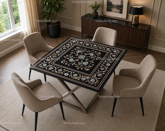 Luxury Black Marble Inlay Dining Table Top | Handmade Pietra Dura Floral Square Table | Marble Table Black Marble Pietra Dura Dining Table |