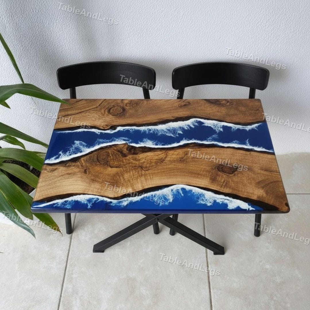 Blue Epoxy Ocean Wave Dining Table – Live Edge Wood & Resin River Table ...