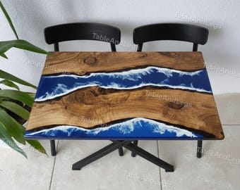 Handmade Blue Epoxy Ocean Wave Dining Table – Live Edge Wood, Coastal Modern