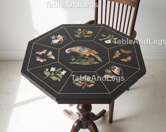 Black Marble Inlay Table Top | Mother of Pearl Mandala, Pietra Dura Art