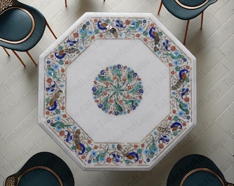 Mesa de centro octogonal de mármol con incrustaciones, diseño floral y de pájaros, mesa auxiliar hecha a mano.