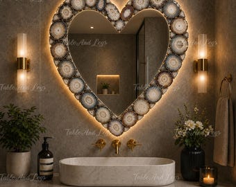Miroir coeur en agate blanche fait main | Décoration murale en cristal de luxe