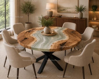 Handmade Round Walnut Live Edge Epoxy River Dining Table Top – Green Resin Accent