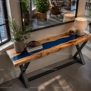 Handmade Blue Epoxy River Console Table Top – Live Edge  Wood Resin Sofa Table Blue Epoxy River Console Table –Handmade Resin Console Table