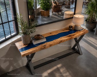 Handmade Blue Epoxy River Console Table Top – Live Edge  Wood Resin Sofa Table Blue Epoxy River Console Table –Handmade Resin Console Table
