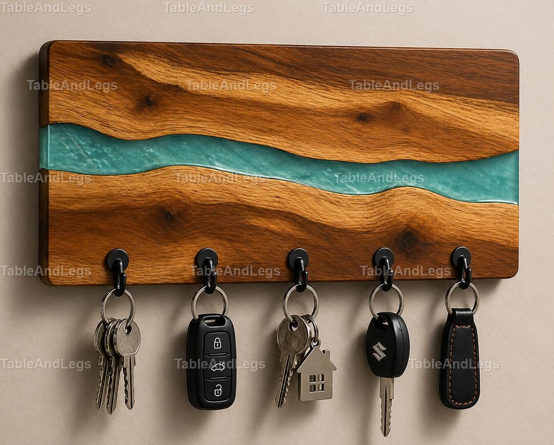 Live Edge Wood Key Holder – Resin River Key Hanger – Rustic Wall Key ...