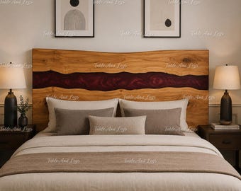 Red Epoxy River Headboard | Live Edge Wood Rustic Modern Bedroom Furniture