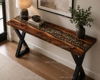 Live Edge Olive Wood Console Table | Pebble Stone Epoxy River Entryway Furniture