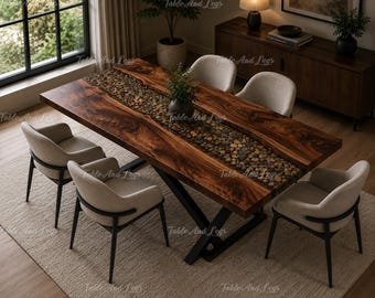 Live Edge River Stone Dining Table Top | Handmade Walnut Wood Tabletop | Luxury Rustic Modern Furniture