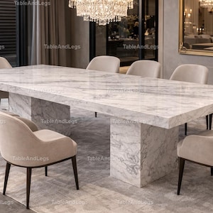 Mesa de comedor de mármol Calacatta, mesa de mármol blanco de lujo, mesa de comedor rectangular con base de pedestal, mesa de comedor de muebles de piedra modernos,