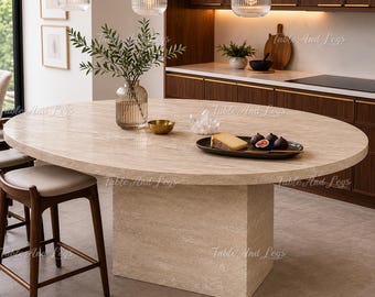 Travertine Round Dining Table | Natural Stone Pedestal Kitchen Furniture