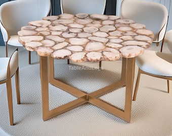 Scalloped Edge Agate Coffee Table | Natural White Geode Slice Mosaic Table Top | Gold X-Base Furniture