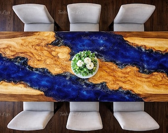 Blue Epoxy River Dining Table | Live Edge Olive Wood, Handmade Resin Furniture