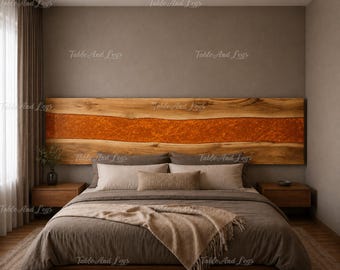 Orange Resin River Headboard | Live Edge Wooden Bed Backboard | Custom Luxury Bedroom Furniture | Orange Epoxy River Bed Headboard |