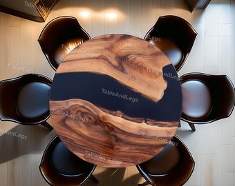 Handmade Round Walnut River Table | Black Epoxy Resin Dining Tabletop