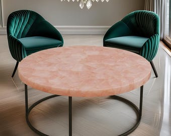 Modern Round Rose Quartz Gemstone Coffee Table | Pink Crystal Stone Low Table | Unique Luxury Living Room Furniture