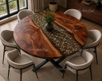 Round Live Edge Wood Tabletop | River Stone Dining Surface, Rustic Modern Furniture