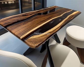 Live Edge Walnut Epoxy Dining Table - Custom Wood Table with Black Resin
