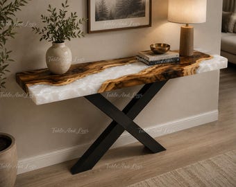 White Epoxy Resin Console TableTop | Live Edge Olive Wood Entryway Table | Handmade River Table | Custom Hallway Furniture Console Table Top