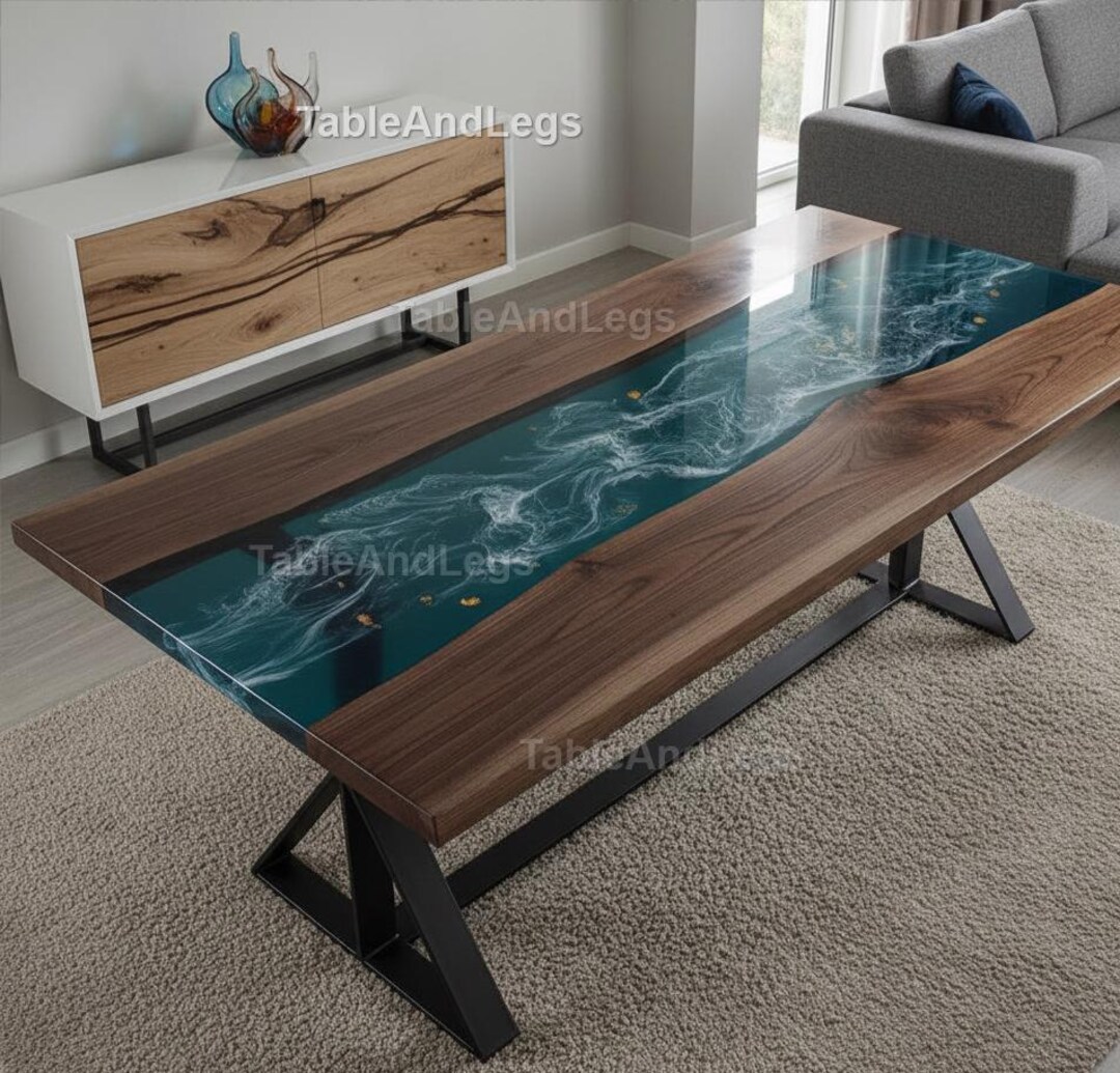 Ocean Wave Epoxy River Tabletop | Handmade Coastal Resin Art Wood Table ...