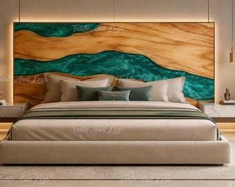 Live Edge Olive Wood Epoxy River Headboard | Emerald Green Resin Bed Headboard | Handmade Panel Olive Wood Emerald Green Epoxy Headboard |