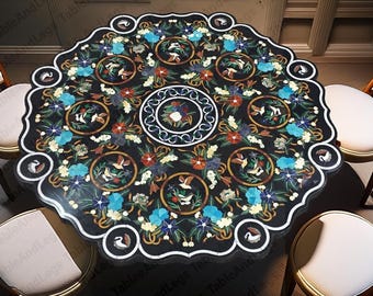 Handcrafted Scalloped Round Marble Inlay Table Top – Black Gemstone Pietra Dura Art | Floral & Bird Inlay | Luxury Dining Table From Agra