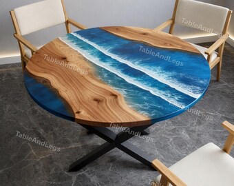 Handmade Round Live Edge Walnut Dining Table Top | Ocean Blue Epoxy Resin River
