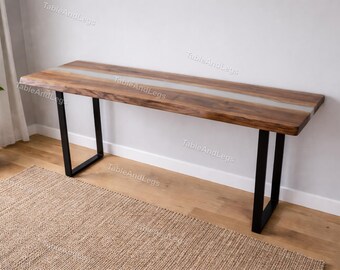Handmade Live Edge Walnut Console Table | White Resin River, Slim Entryway Tabletop