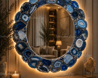 Miroir tranche en agate bleue | Décoration murale de luxe en pierres précieuses, décoration d'entrée