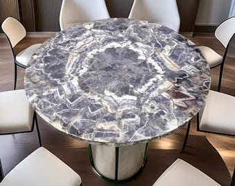 Round Purple Crystal Slab | Unique Gray & White Geode Mosaic | Handmade Gemstone Furniture | Custom Stone Table