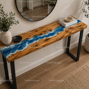Luxury Ocean Epoxy River Console Table, Live Edge Wood Entryway Table,top Handmade Coastal Hallway Furniture Live Edge Wood Sofa Table, top