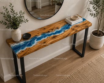 Luxury Ocean Epoxy River Console Table, Live Edge Wood Entryway Table,top Handmade Coastal Hallway Furniture Live Edge Wood Sofa Table, top