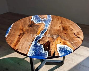 Round Blue Epoxy Resin River Table | Handmade Live Edge Ocean Wave Dining Table | Modern Coastal Coffee Table | Unique Resin Art Furniture