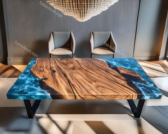 Live Edge Wood & Blue Epoxy River Tabletop | Handmade Modern Dining