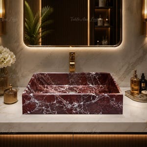 Handmade Rosso Levanto Marble Rectangular Vessel Sink, Luxury Red Stone Bathroom Wash Basin