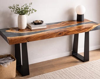 Handmade Live Edge Walnut Console Table, Grey Epoxy River, Entryway Tabletop