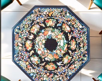 Handmade Pietra Dura Floral Round Table | Italian Style Stone Art | Luxury Agra Marble Furniture | Inlay Table, Black Marble Inlay Tabletop