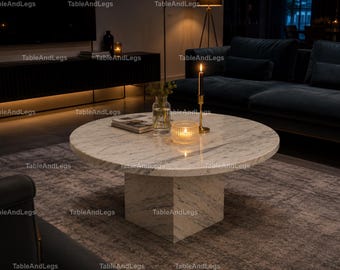 Luxury Carrara Calacatta Marble Coffee Table – Round Stone Center Table with Pedestal Base Round Calacatta Marble Coffee Table – Stone Table