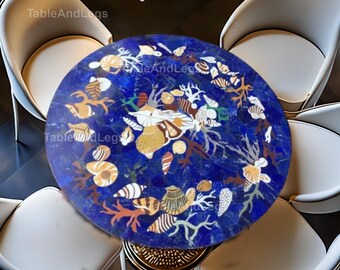 Piano del tavolo intarsiato a mano in lapislazzuli con conchiglie – Pietra Dura Tema Oceano