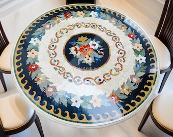 Tablero de mesa de comedor de mármol con incrustaciones florales, mosaico redondo de piedra.