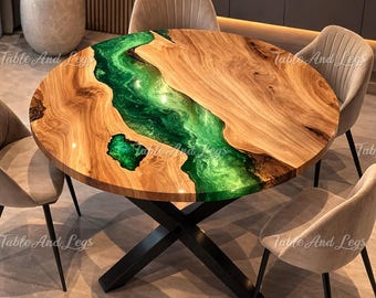 Round Olive Wood Epoxy River Dining Table Top | Green Resin Live Edge Furniture
