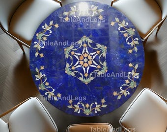 Tavolo rotondo in marmo lapislazzuli / Piano del tavolo con intarsi floreali in pietra preziosa / Tavolo da pranzo di lusso in pietra blu / Mobili artistici in pietra dura fatti a mano