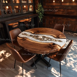 Mesa de jantar redonda em nogueira com acabamento em resina epóxi e efeito rio | Madeira com borda natural, pedras e conchas.