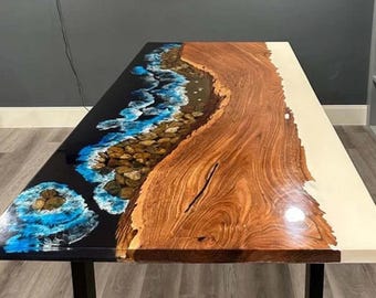 Live Edge Ocean Resin Table: Handmade Hardwood Dining Table