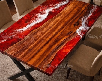 Table à manger en époxy rouge River | Meubles Live Edge en bois et résine