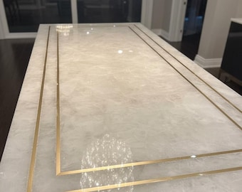 White Agate Dining Table with Gold Inlay | Handmade Modern Stone Furniture